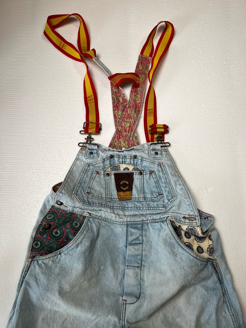 Bugle Boy Light Blue Denim Overalls with Red and Yellow Strapsy 32 L